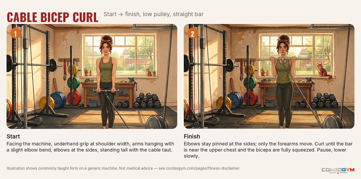 Cable bicep curl step by step, demonstrated by J on a cable machine: start and finish