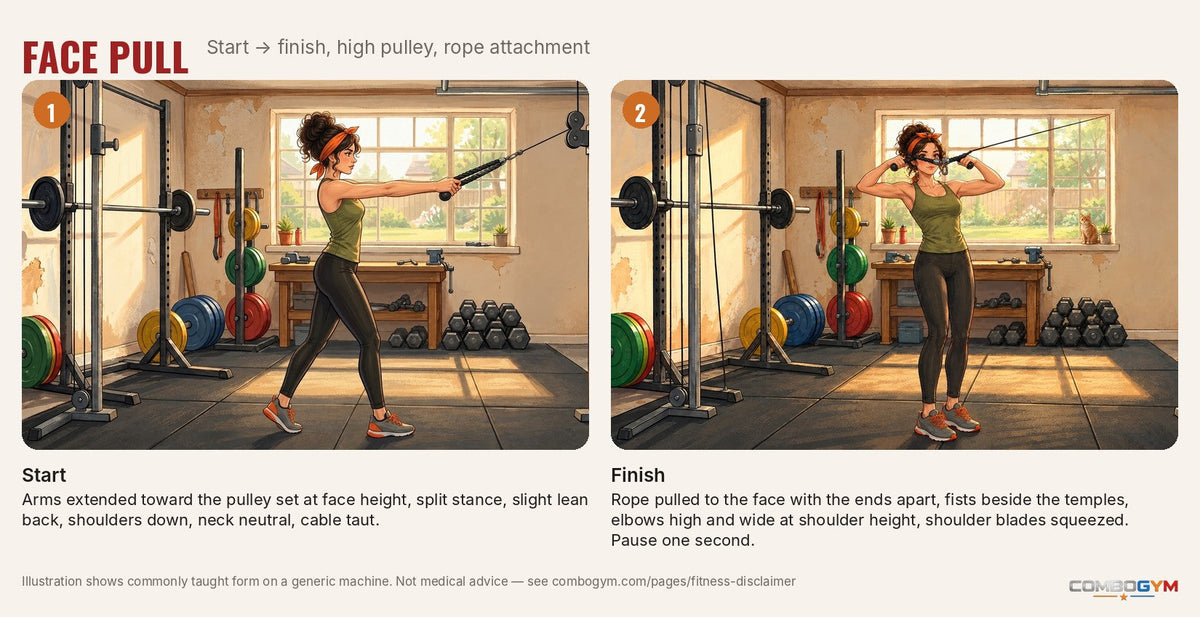 Face pull step by step, demonstrated by J on a cable machine: start and finish