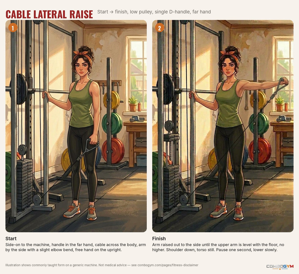 Cable lateral raise step by step, demonstrated by J on a cable machine: start and finish