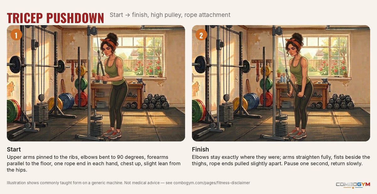 Cable tricep pushdown step by step, demonstrated by J on a cable machine: start and finish