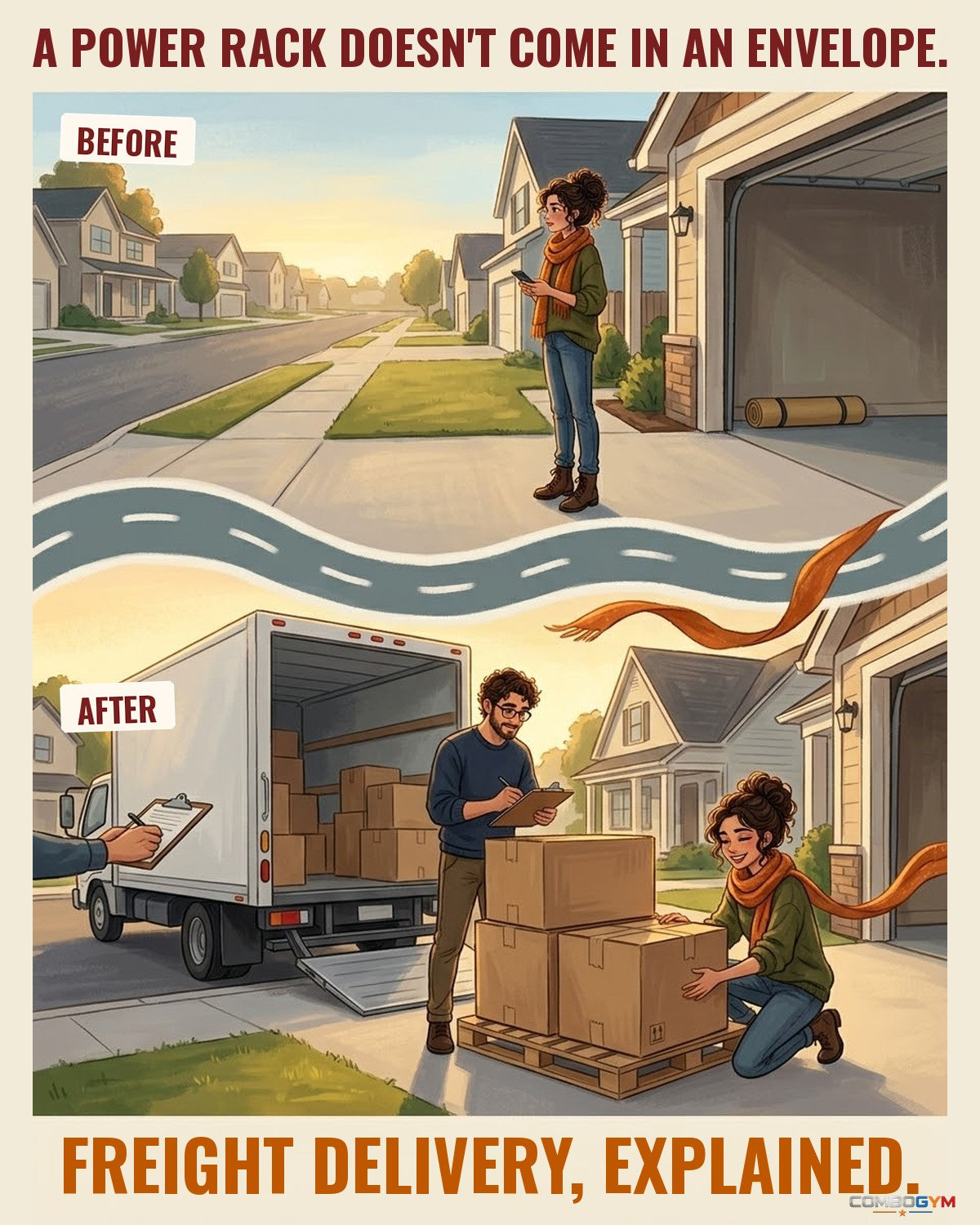 Before and after: a woman waits at an empty driveway for her gym equipment, then a freight truck with a liftgate delivers a pallet of boxes while a man signs the delivery receipt. Freight delivery explained by ComboGym.