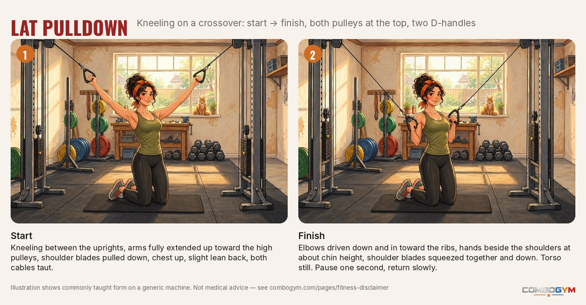 Kneeling lat pulldown on a cable crossover, demonstrated by J: start and finish