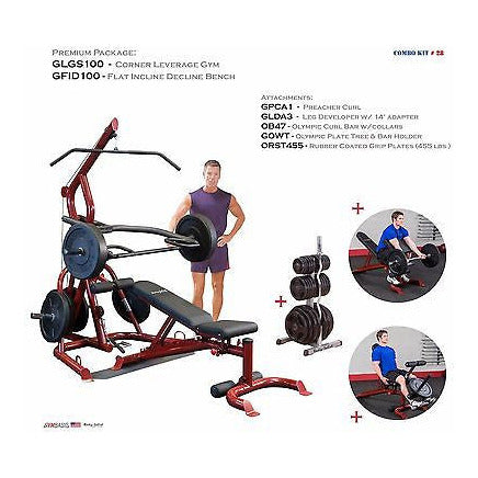 Body-Solid GLGS100P4 corner leverage gym with 455 lb plates and attachments