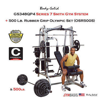 Body-Solid GS348QP4 Smith system with 500 lb rubber coated weight set