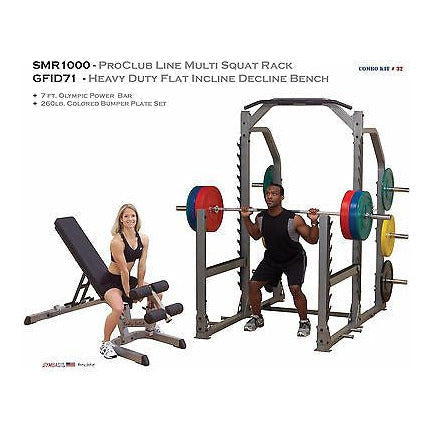 Body-Solid SMR1000 multi squat rack kit with GFID71 bench and 260 lb plates