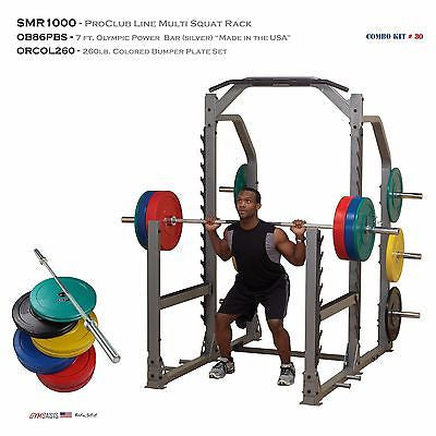 Body-Solid SMR1000 multi squat rack kit with Olympic bar and 260 lb bumper plates