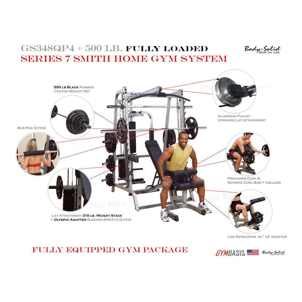 Body-Solid GS348QP4 Smith gym system with 500 lb weight set