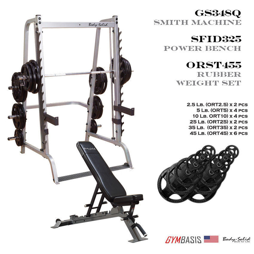 Body-Solid GS348Q Smith machine with SFID325 bench and 455 lb rubber Olympic set