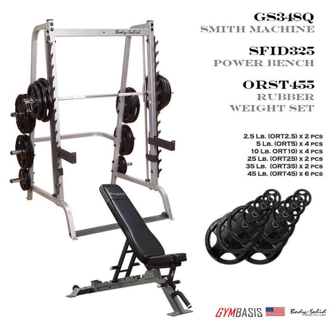 Body-Solid GS348Q Smith Machine with SFID325 Bench & 455 lb Rubber Olympic Set