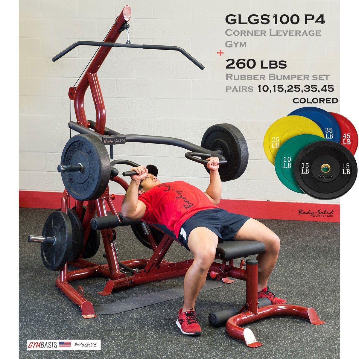 Body-Solid GLGS100P4 corner leverage gym with 260 lb colored bumper plates
