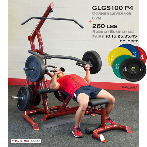 Body-Solid GLGS100P4 Corner Leverage Gym Pack + 260lb Colored Bumper Plates