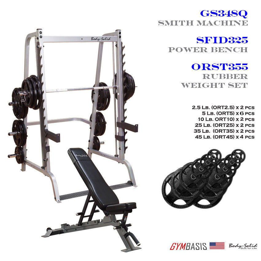 Body-Solid GS348Q Smith machine with SFID325 bench and 355 lb rubber Olympic set