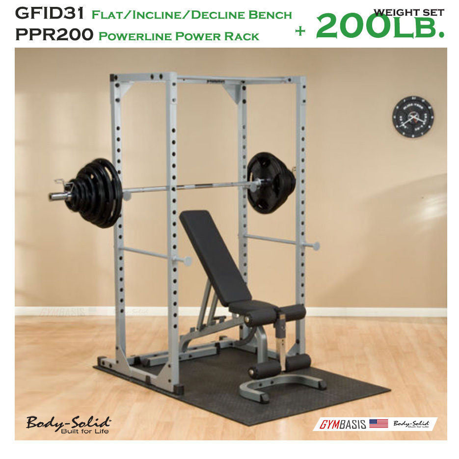 Body-Solid GFID31 bench and PPR200 power rack with 200 lb Olympic set