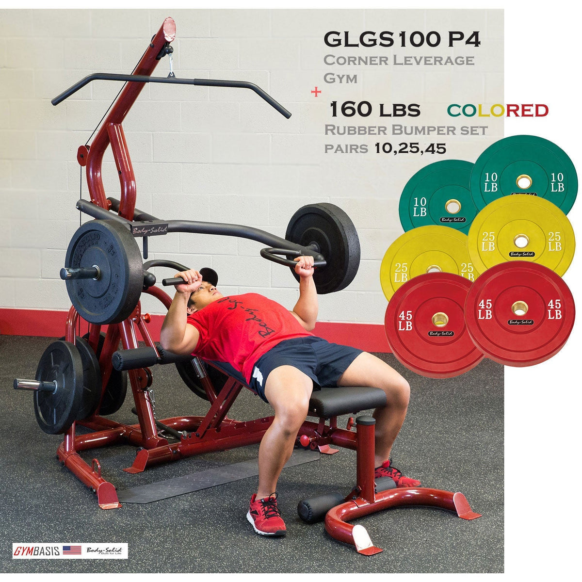 Body-Solid GLGS100P4 corner leverage gym with 160 lb colored bumper plates