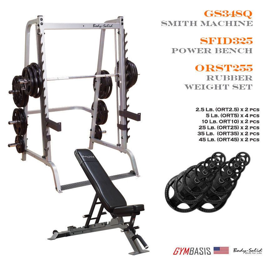 Body-Solid GS348Q Smith machine with SFID325 bench and 255 lb rubber Olympic set