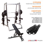 Body-Solid GS348Q Smith machine with SFID325 bench and 255 lb rubber Olympic set