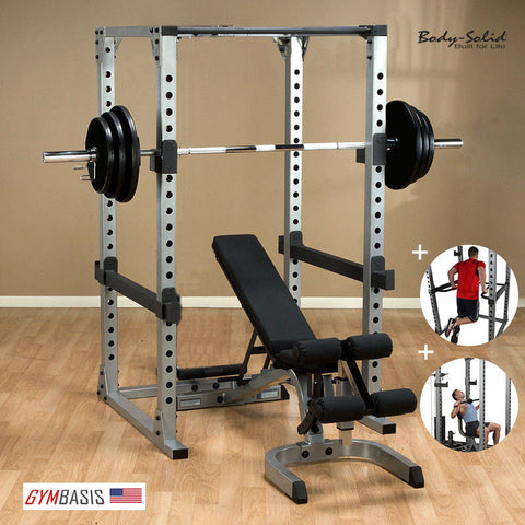 Body-Solid GPR378 Power Rack with Bench, 300lb Weight Set, Dip Attach, Lat Attach