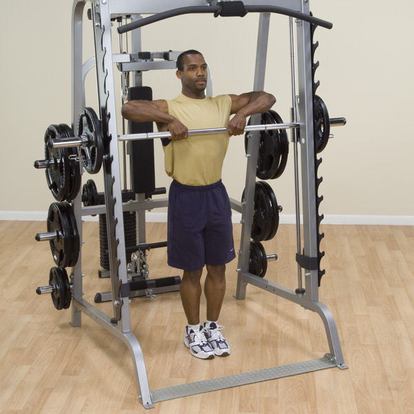 Body-Solid GS348Q Smith Machine w/ SFID325 Bench & 255 lb Rubber Olympic Set