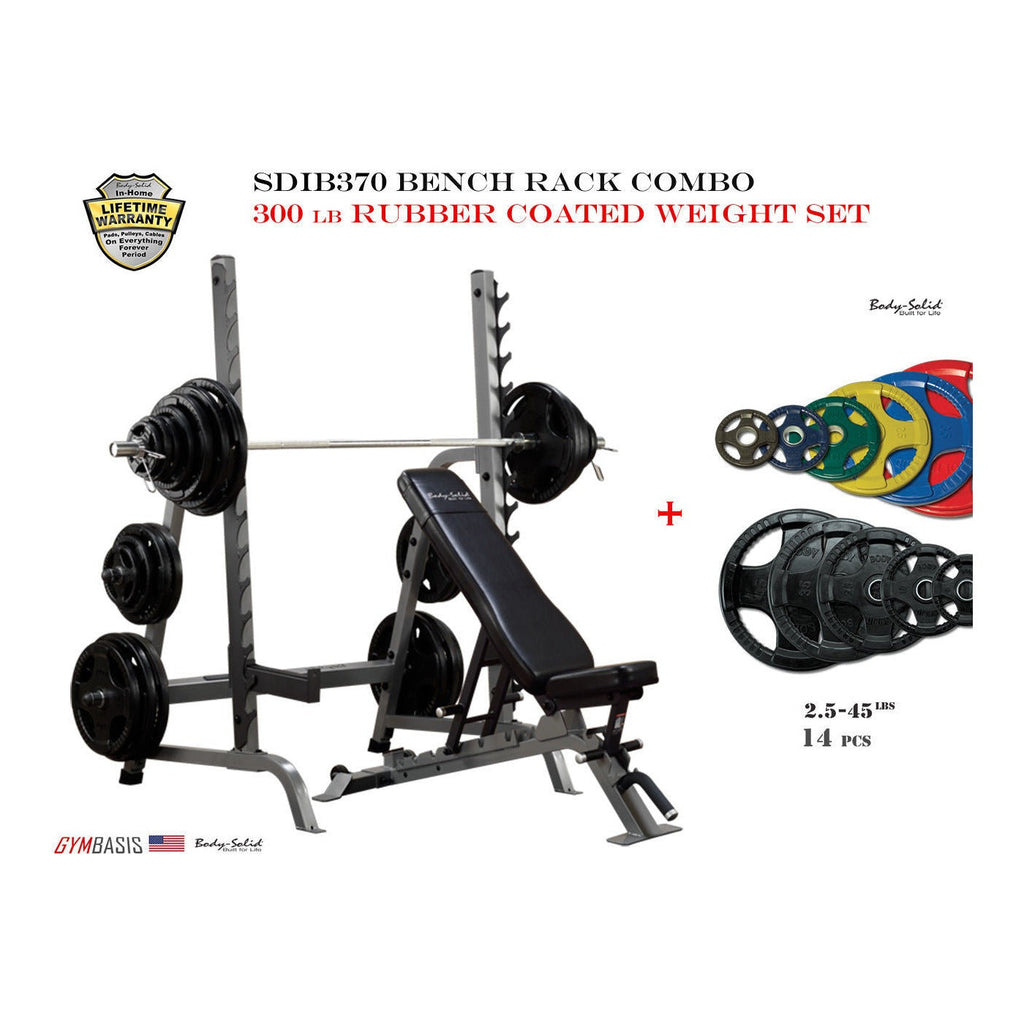Body-Solid SDIB370 Olympic Bench Rack + 300 lb Rubber Coated Weight Set