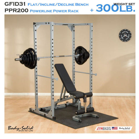Body-Solid GFID31 FID Bench + PPR200 Power Rack + 300 Lb. Weight Olympic Set
