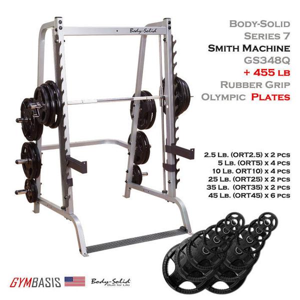 BodySolid GS348Q Series 7 Smith Machine with Rubber Grip Olympic Set