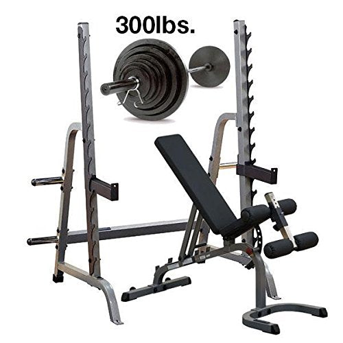 Body-Solid GPR370 press rack with adjustable bench and 300 lb weight set