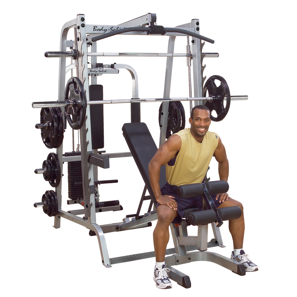 Body-Solid Series 7 Smith complete gym package GS348QP4 with black grip rubber weight set