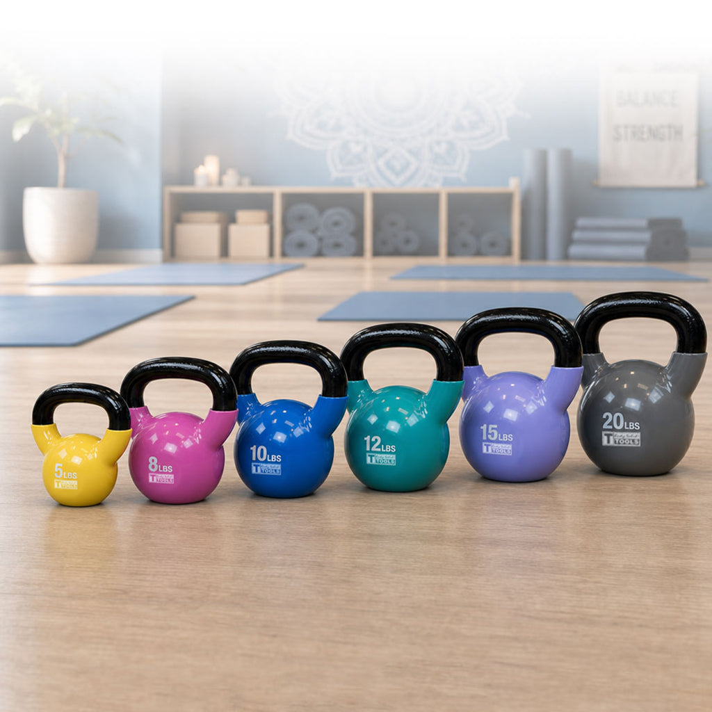 Body-Solid KBVS70PACK Vinyl Coated Kettle Bells Set, One Each 5,8,10,12,15,20, with GDKR50B, view 3