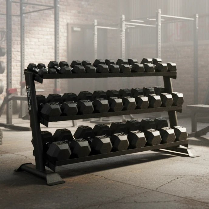 Pro ClubLine Commercial Rubber Hex Dumbbell Set 5-75 lb with 3-Tier Rack - photo 1
