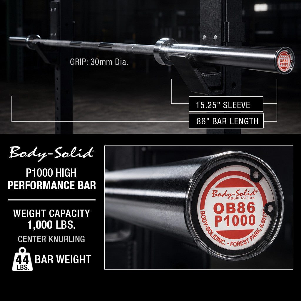 Body-Solid OB86P1000 Olympic Bar, 7 ft, Chrome, 1000 lb Capacity - 30mm Grip, view 2