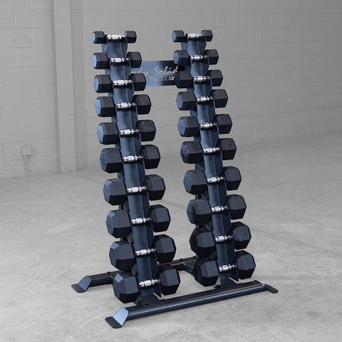 Body-Solid Rubber Hex Dumbbell Set 5-50 lb with Pro ClubLine Vertical Rack (SRD300-SET)