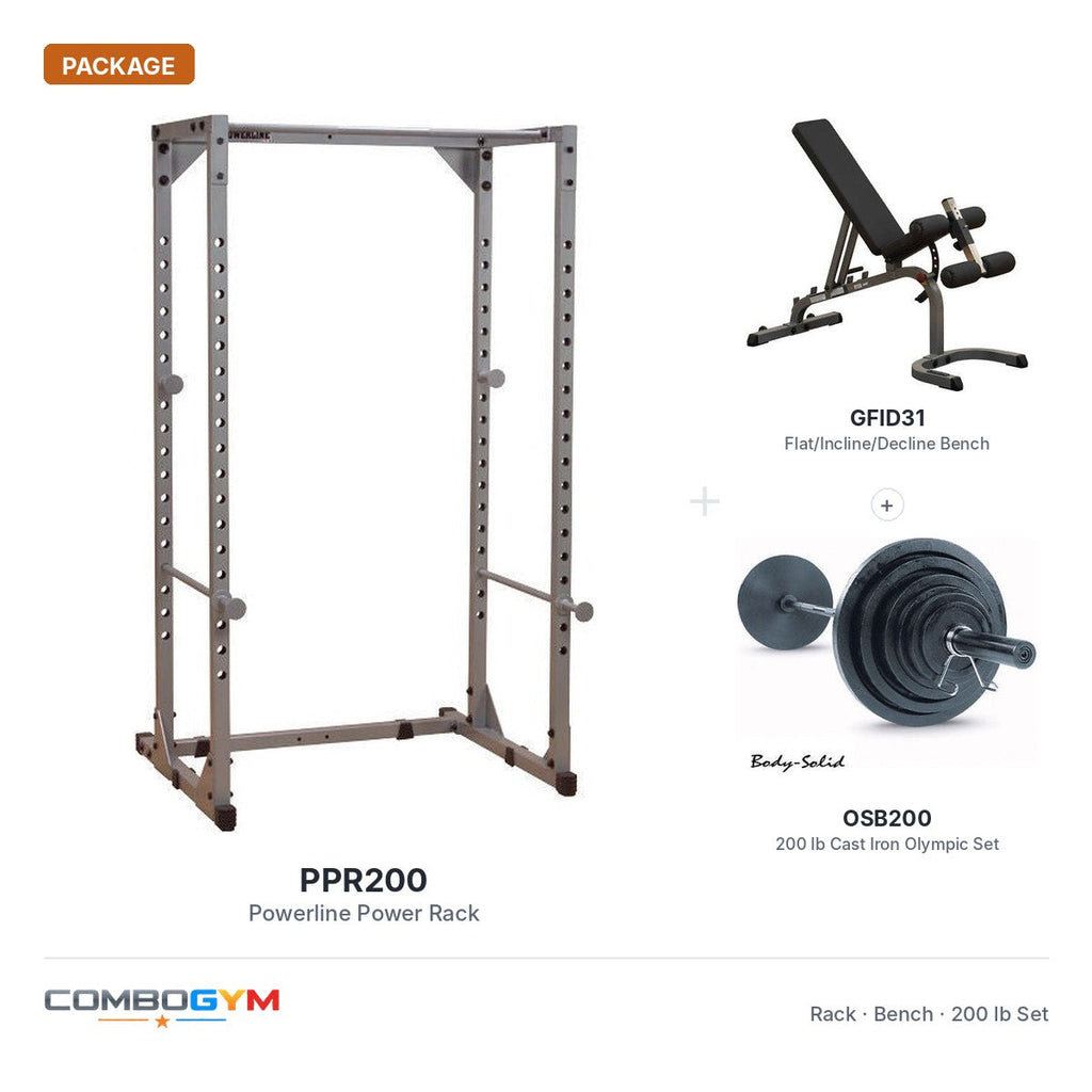Body-Solid GFID31 FID Bench + PPR200 Power Rack + 200 Lb. Weight Olympic Set – package contents