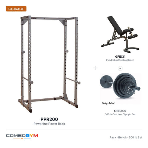 Banco FID Body Solid GFID31 + Rack de potencia PPR200 + Set de pesas olímpicas de 300 lb