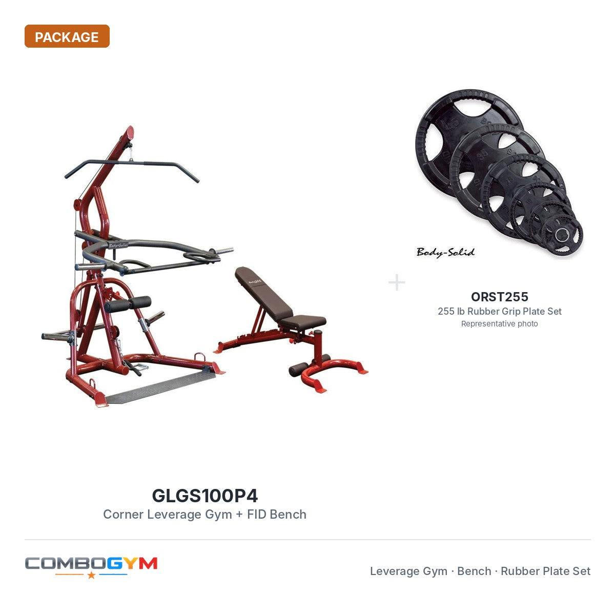 Body-Solid GLGS100P4 Corner Leverage Package with Bench and Rubber Grip Plates – package contents