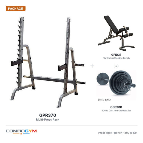 Body-Solid GPR370 Press Rack with Adjustable Bench, 300lb. Weight Set