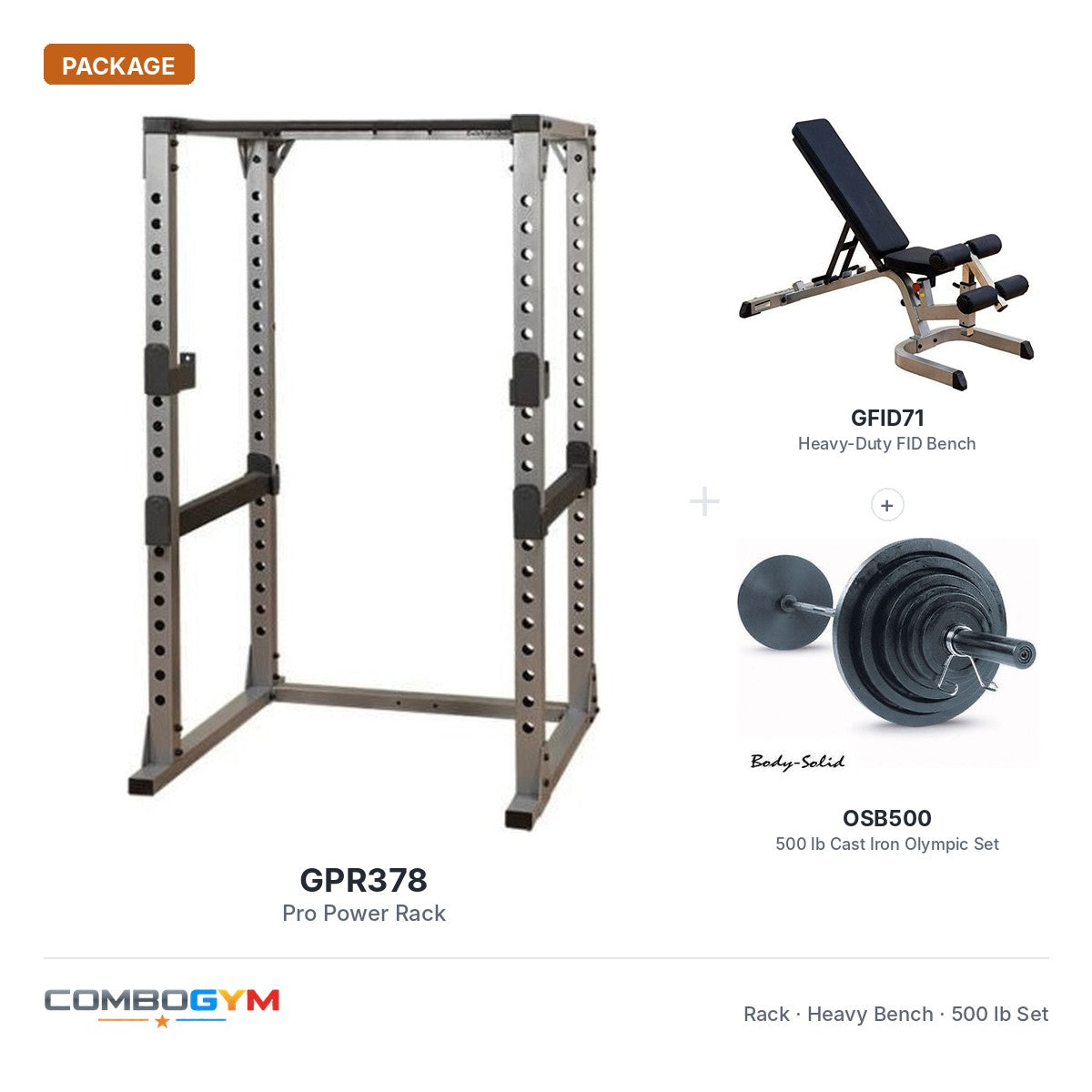 Body-Solid GPR378 Power Rack with Heavy GFID71 Bench, 500lb. Weight Set – package contents
