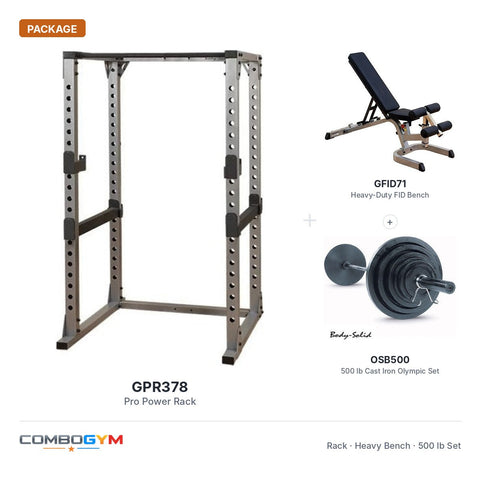 Power Rack Body Solid GPR378 con banco reforzado GFID71 y juego de pesas de 500 lb.