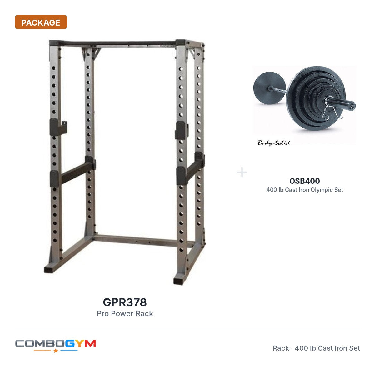Body-Solid GPR378 Pro Power Rack + 400 Lb. Weight Olympic Set – package contents
