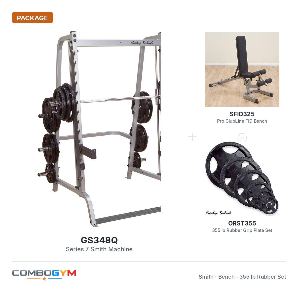 Body-Solid GS348Q Smith Machine with SFID325 Bench & 355 lb Rubber Olympic Set – package contents