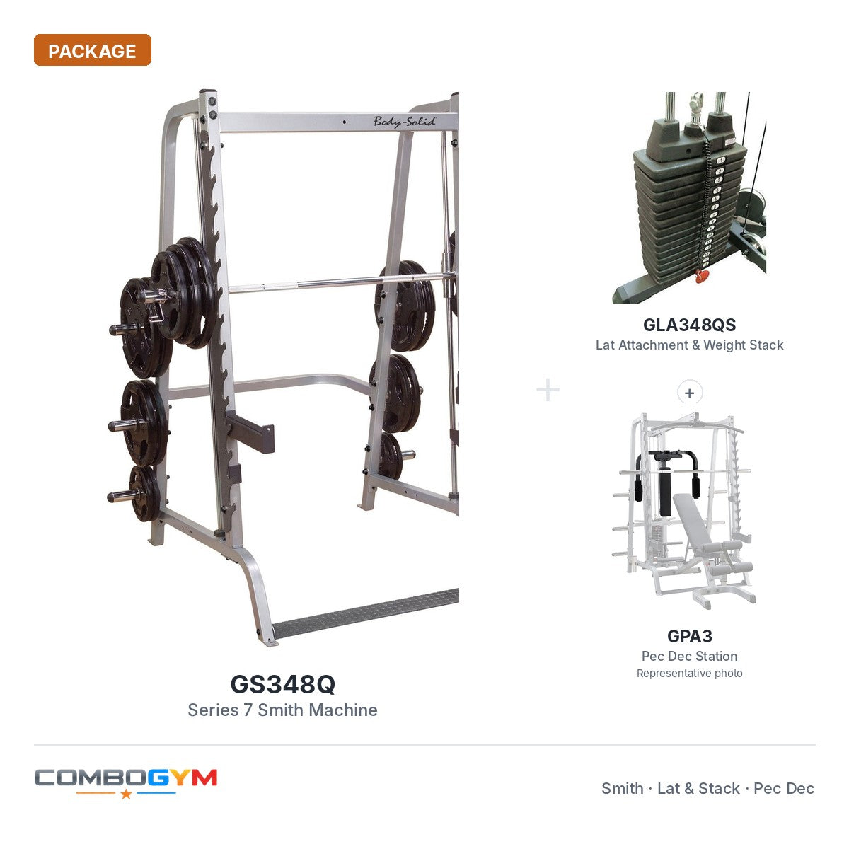 Body-Solid GS348Q Smith System with GPA3 + GLA348 + 310lb Black Stack & Alu Pulley – package contents