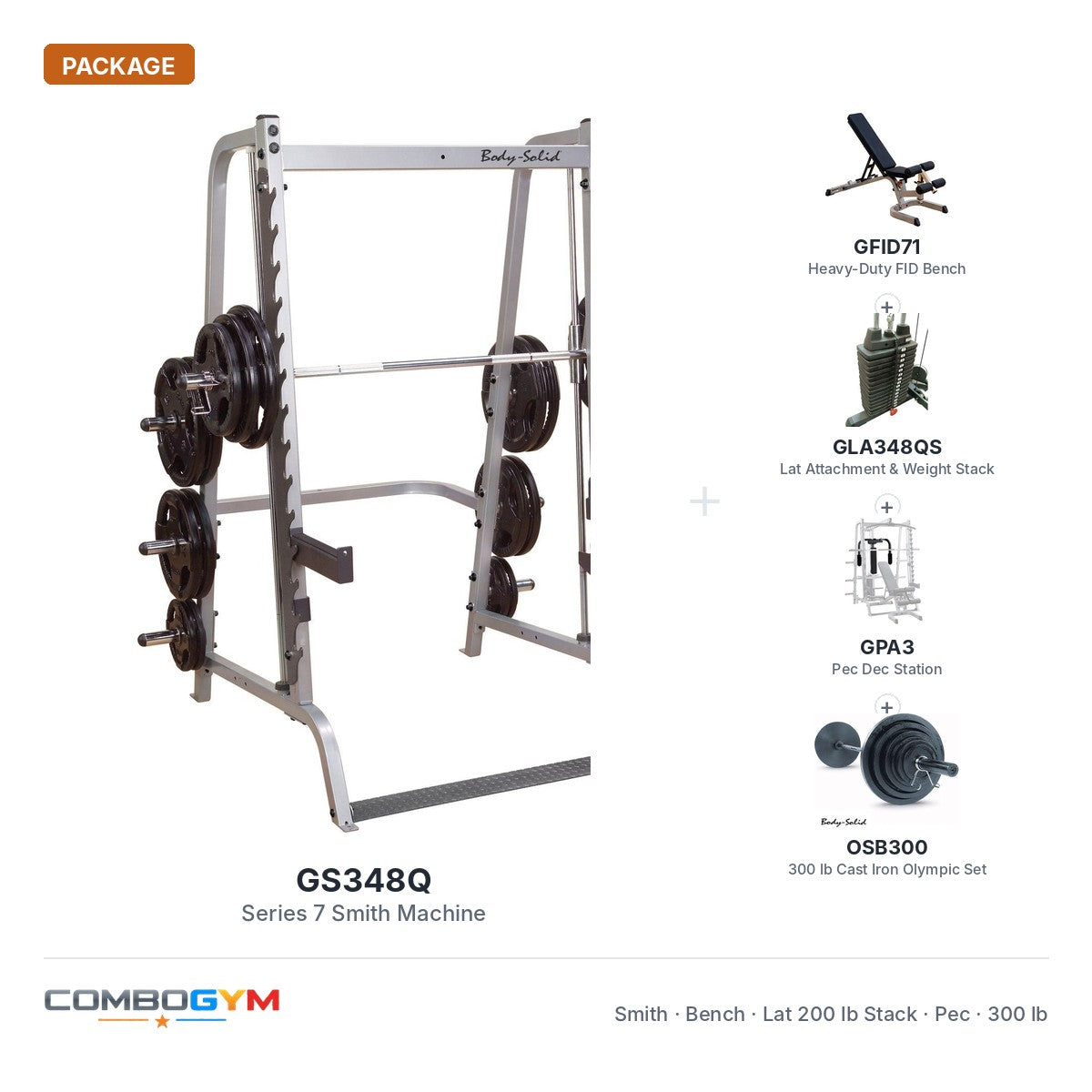 Body-Solid GS348QP4 Smith System Package 200lb Red Stack and 300lb Weight Set – package contents