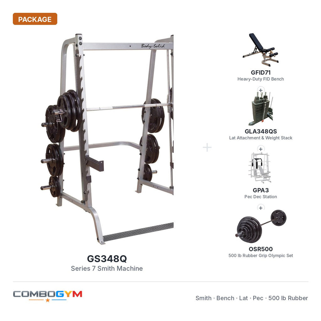 Body-Solid GS348QP4 Smith System + 500 lb Rubber Coated Weight Set – package contents