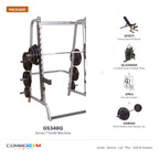 Body-Solid GS348QP4 Smith System + 500 lb Rubber Coated Weight Set – package contents