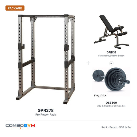Body-Solid Power Rack GPR378 Package with Bench, 300 lb. Weight Set