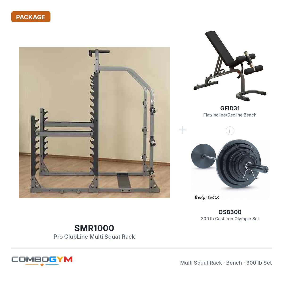 Body-Solid Pro Multi Squat Rack With FID Bench And 300 lb Olympic Set – package contents