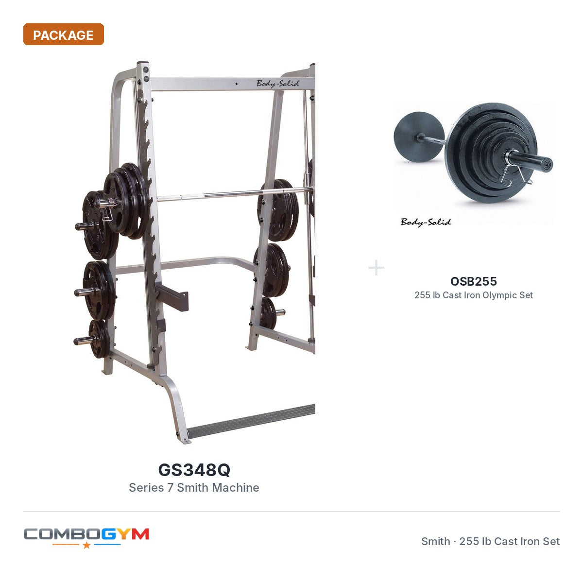 Body-Solid Series 7 Smith Machine with 255 lb Olympic Set – package contents