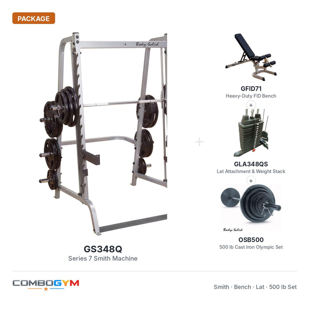 Body-Solid Series 7 Smith Machine with 500 lb Weight Set – package contents