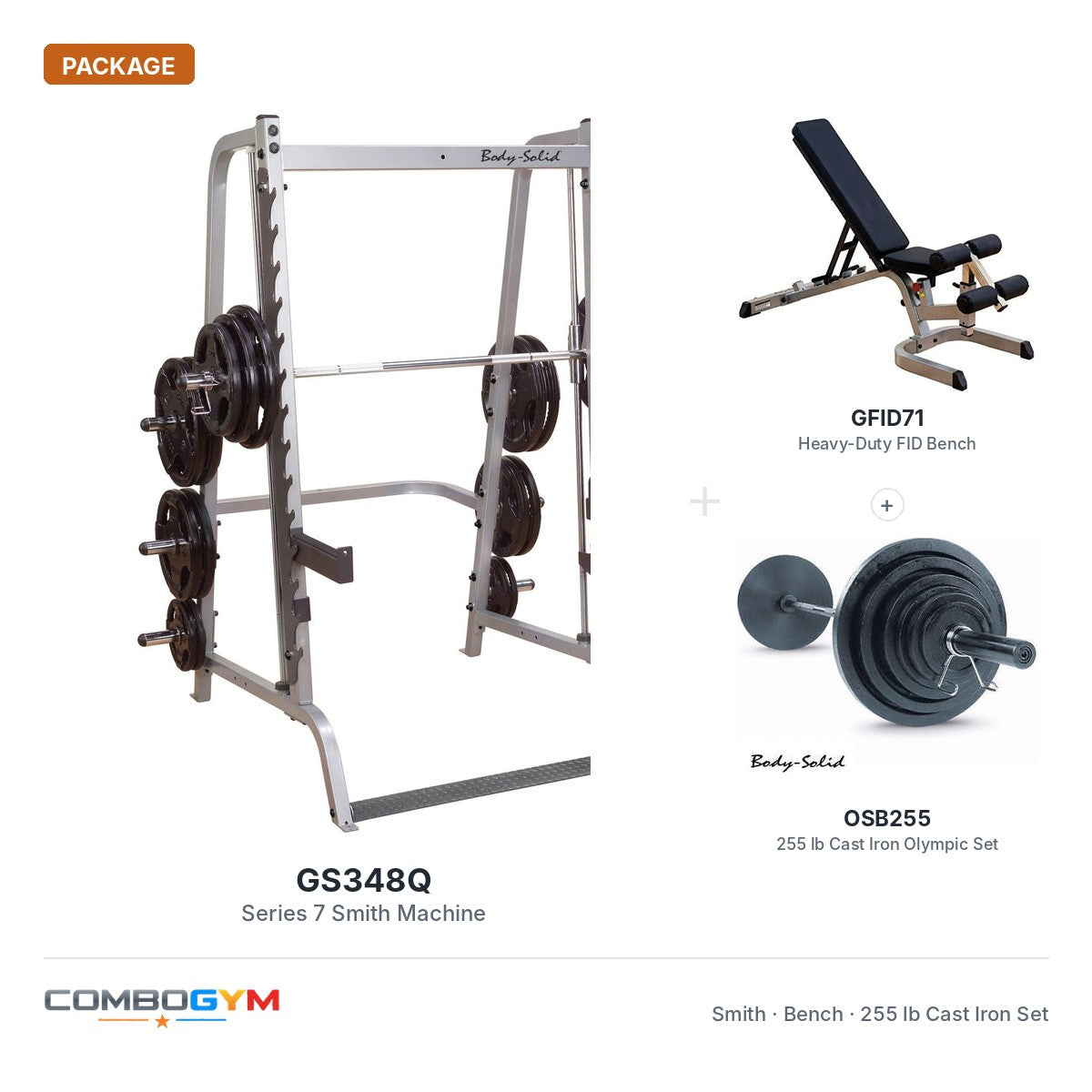 Body-Solid Series 7 Smith System With FID Bench And 255 lb Olympic Set – package contents