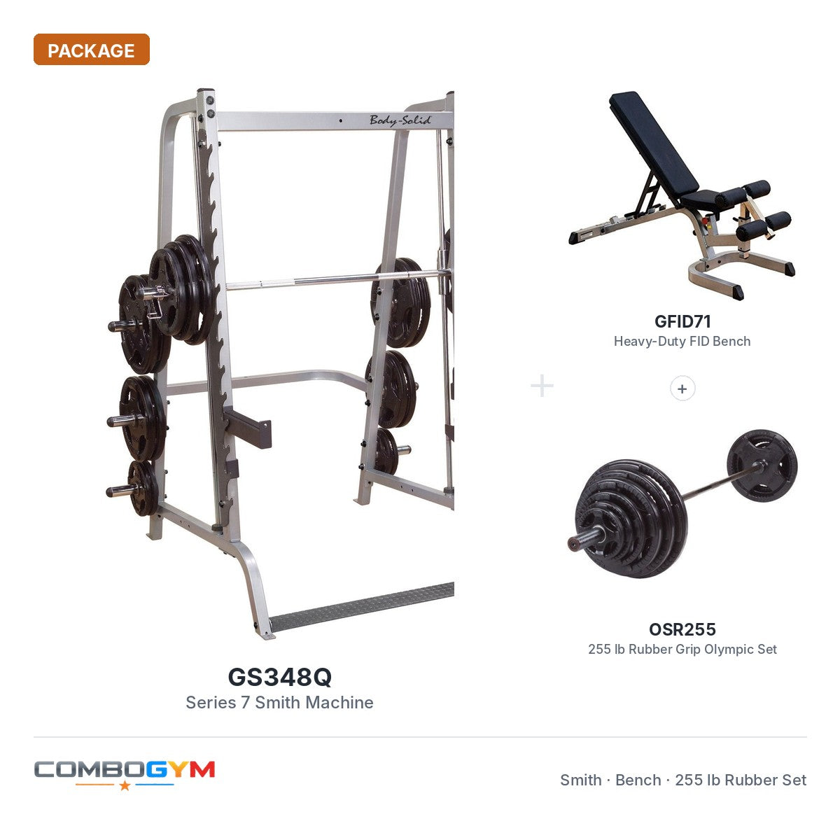 Body-Solid Series 7 Smith System With FID Bench And 255 lb Rubber Olympic Set – package contents