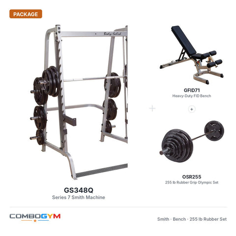 Sistema Smith Body Solid Series 7 con banco FID y set olímpico de caucho de 255 lb